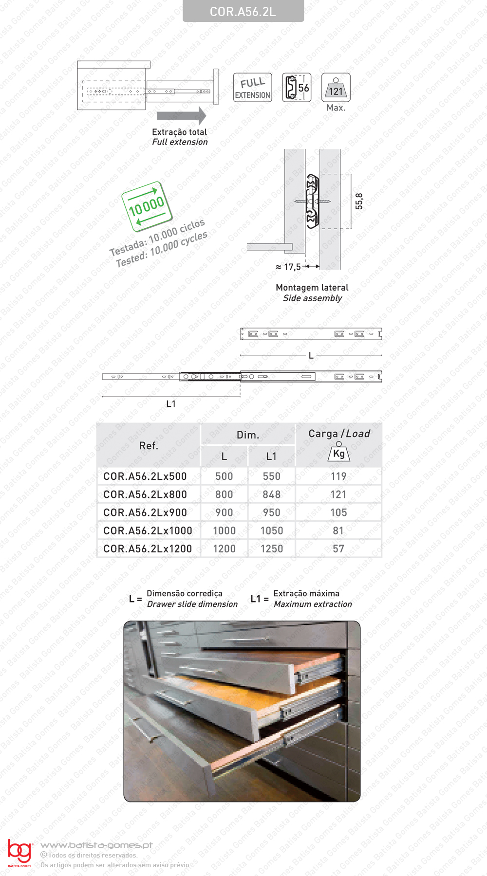 Corredi�as com esferas A56 progressiva - 2 Lan�os / Extra��o total at� 1200mm / Para cargas pesadas at� 121kg